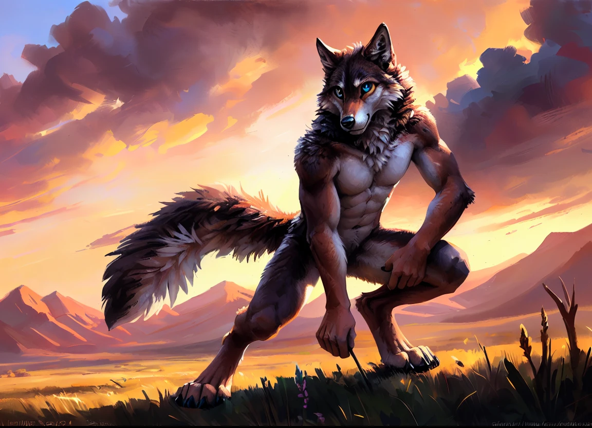 ((Solo)), male people, anthro wolf, (Multi-colored fur, White-brown:1.3，White tail pointed), (Height 2.1m,Tail length 1.5m), ((Wolf face, Big eyes, White eyelids, Blue pupil, Slim:1.2) (Tough, Calm expression:1.2)), Abs, Slim, pinging)), (Correct anatomy), Naked all over the body,A long big tail，Feet，(Realistic fur, Detailed fur texture, labeled:1.3)), (Natural lighting), Photorealistic, Hyperrealistic, ultradetailed, by Kenket，Endless grasslands，No artifacts