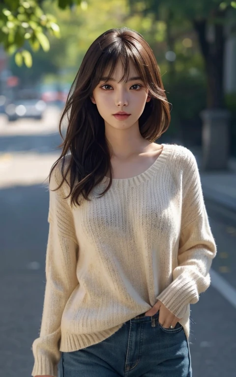 masutepiece, The highest image quality, High quality, Beautiful japanese girl, Cute, Gravure Idol Figure, Detailed, Detailed eyes, Detailed skin, Beautiful skin, Ultra High Resolution, (reality: 1.4),Very beautiful, Slightly younger face, Beautiful skin, slender, (A hyper-realistic), (hight resolution), (8K), (Very detailed) (beautifully detailed eyes),  (Wallpaper), (Detailed face), Looking at Viewer, Fine details, Detailed face, sad, Sweaters, Skirt, Looking straight ahead, Looking straight ahead, angle from waist up,full body photographed， photos realistic, Bright lighting, Professional Lighting, Mature Woman, (Brown hair, Bob Hair, layers-Cut, Swaying in the wind, Bangs),