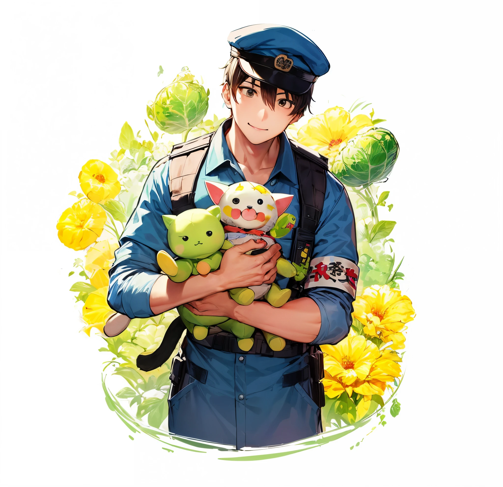 Drawing of a man holding toys and a cat, High-quality fanart, kawaii team,cabbage art, Detailed fanart, official fan art,lovely art style,cute artwork,guard,hospitals,hospital security,toys,kids toy,Lots of toys,toy mountain,The armband has the word "国天" on it.