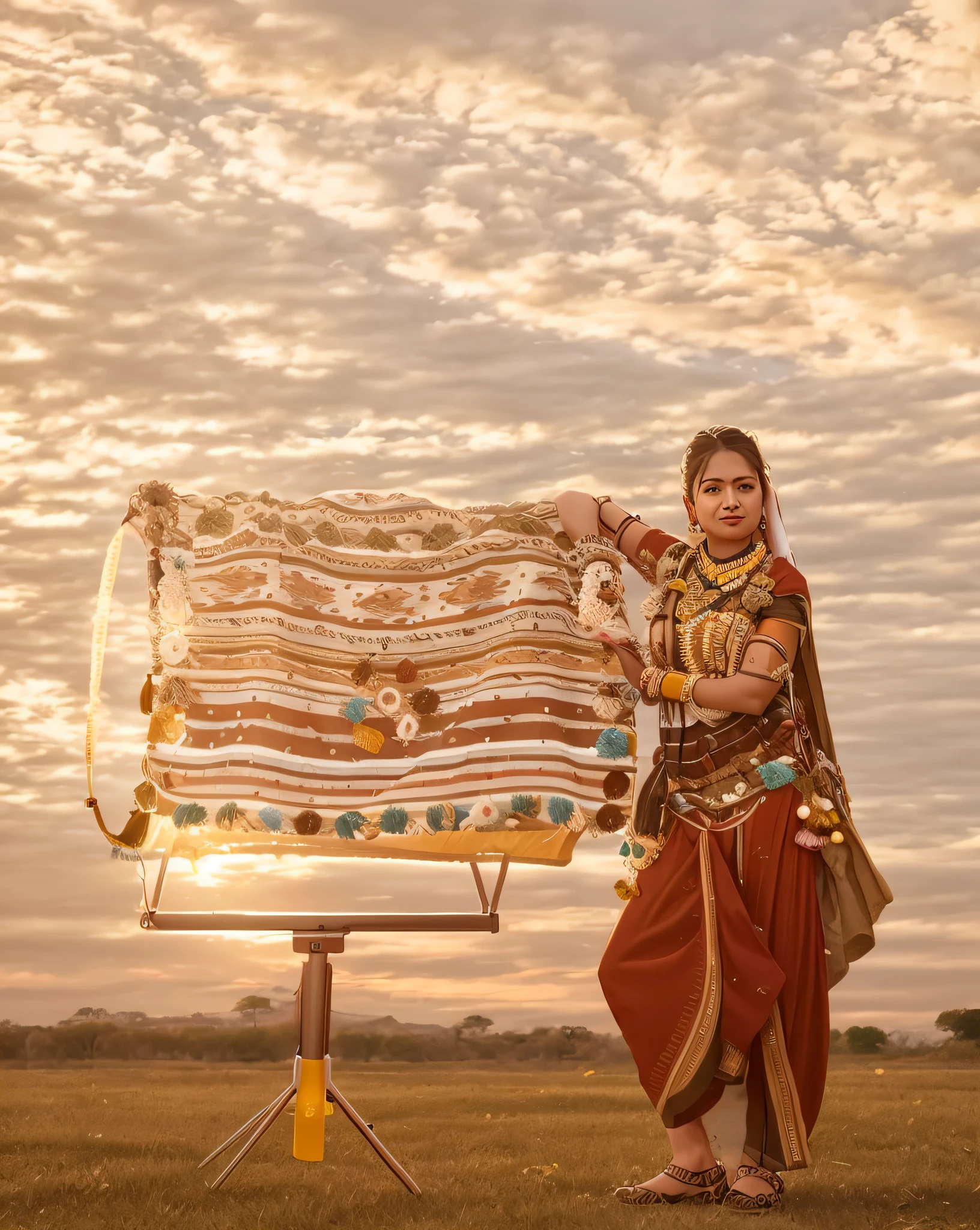 Ultra 8k, araffe woman standing in a field with a blanket on a tripod, wearing an elegant tribal outfit, traditional photography, traditional costume, traditional dress, she dressed in shaman clothes, traditional beauty, indian style, captured on canon eos r 6, shot on nikon z9, a young female shaman, traditional clothes, wearing traditional garb, india