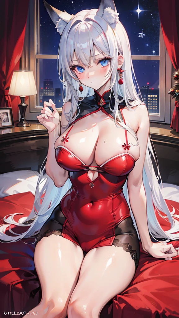 high qulity, tmasterpiece, ultra - detailed, Thigh belt house, Red Christmas underwear, 1个Giant Breast Girl, Alone, calm expression, cabelos preto e longos, captivating blue eyes, fox ear, , Glossy glossy skin, Bedrooms, christmas