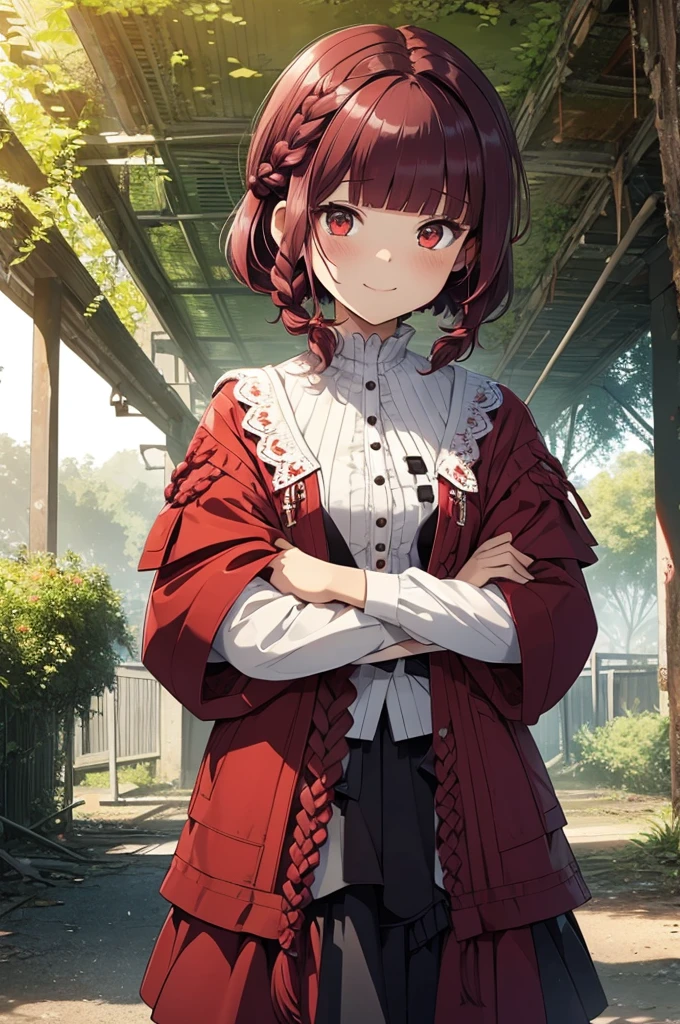 dark red hair, full body Esbian, fluffy hair, childish, Layered Bob,  ((Braided shorthair)), ((Braiding bangs)), (a short bob), Dim Park, ruins, Slightly red tide, A smile, tatteredclothing, Bukavka clothes, Fishing eyes