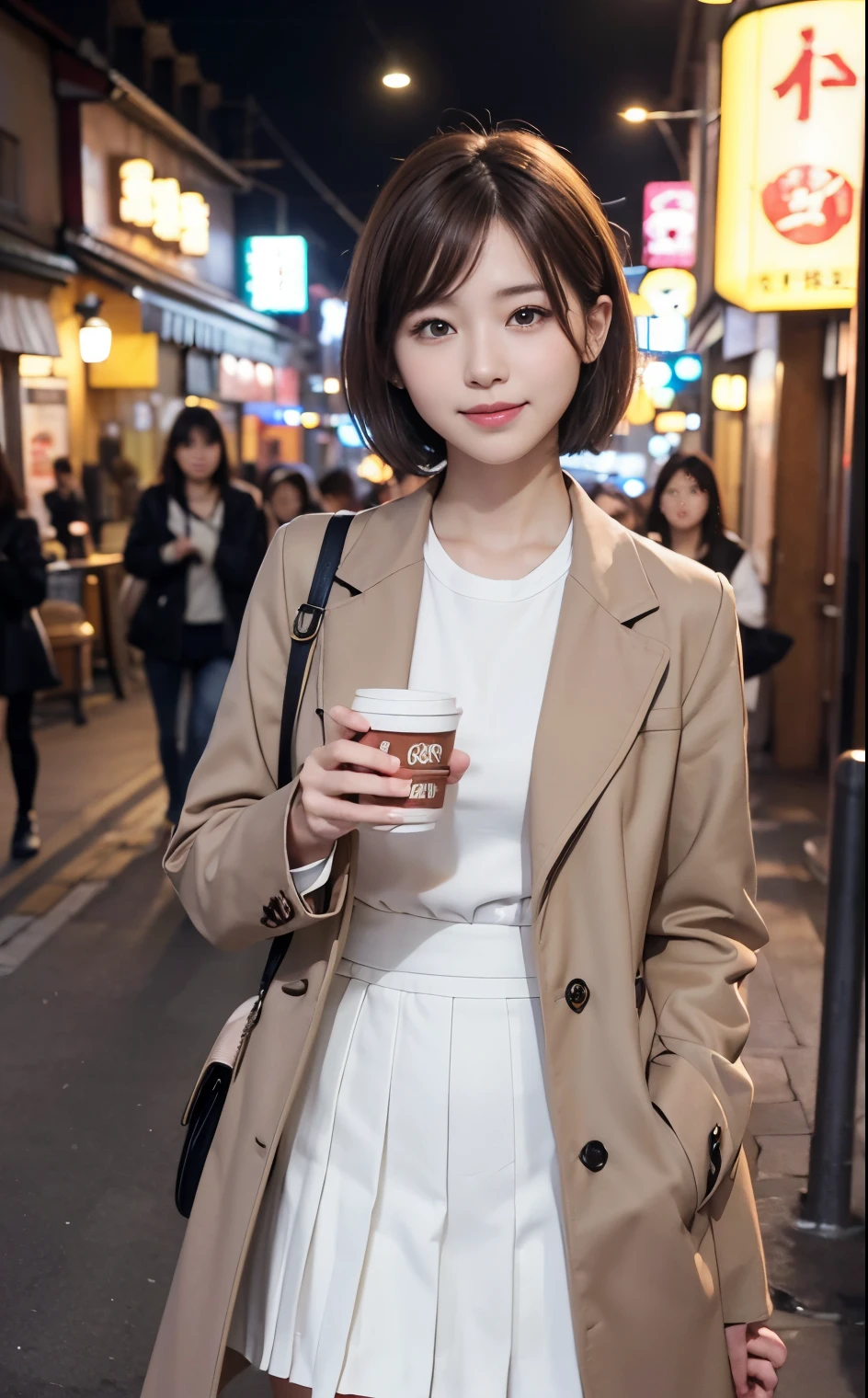 Cute 21 years old Japan、cafes、hamburgers、date、date、Super Detail Face、Eye of Detail、二重まぶた、beautiful thin nose、foco nítido:1.2、prety woman:1.4、(light brown hair,short-haired、),fair white skin、top-quality、​masterpiece、超A high resolution、(Photorealsitic:1.4)、Highly detailed and professional lighting smile、Warm coat、skirt by the、