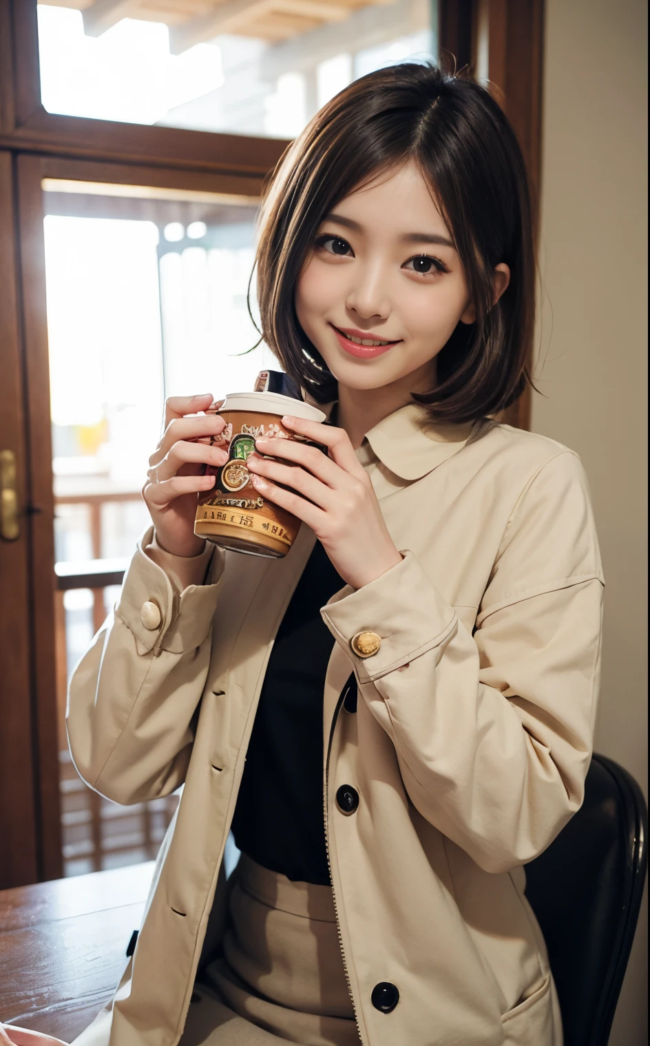 Cute 21 years old Japan、cafes、hamburgers、date、date、Super Detail Face、Eye of Detail、二重まぶた、beautiful thin nose、foco nítido:1.2、prety woman:1.4、(light brown hair,short-haired、),fair white skin、top-quality、​masterpiece、超A high resolution、(Photorealsitic:1.4)、Highly detailed and professional lighting smile、Warm coat、skirt by the、