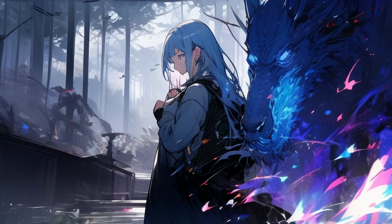 Shot of a girl standing in the greenway of the park, standing in the woods, standing in the woods, Woods in the background，park greenway，Long-haired woman wearing sweatshirt and sweatpants，The woman glanced back，Woman with backpack，There  a majestic building at the end of the greenway, Anime a poster，inspired by Makoto Shinkai，in the park