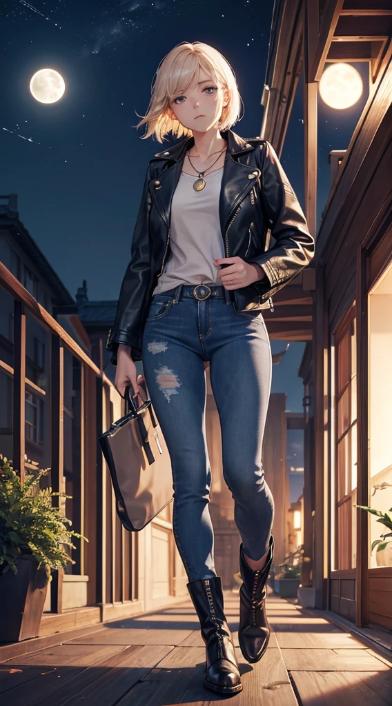 1 A downer woman with a sad expression(clutch a pendant),leather jackets,jeans,Short boots,Looking up at the moon,verandah,Midnight,Full moon in the sky,4K,High quality,Ultra Detail,super precision,masutepiece,