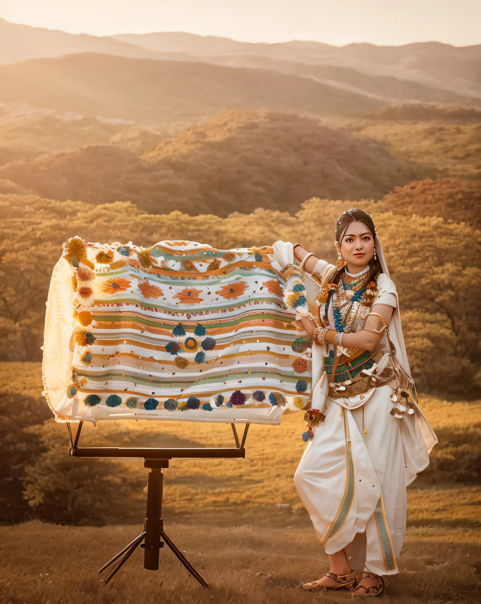 Ultra 8k, araffe woman standing in a field with a blanket on a tripod, wearing an elegant tribal outfit, traditional photography, traditional costume, traditional dress, she dressed in shaman clothes, traditional beauty, indian style, captured on canon eos r 6, shot on nikon z9, a young female shaman, traditional clothes, wearing traditional garb, india