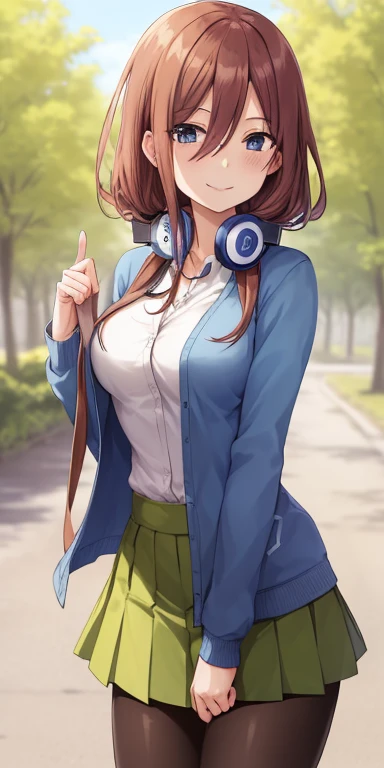2d, masterpiece, best quality, anime, highly detailed, 1girl, solo, cowboy shot, nakano miku, brown hair, hair between eyes, blue cardigan, headphones, pantyhose, collared shirt, green skirt, miniskirt, medium breasts, standing, school, outdoors, smile