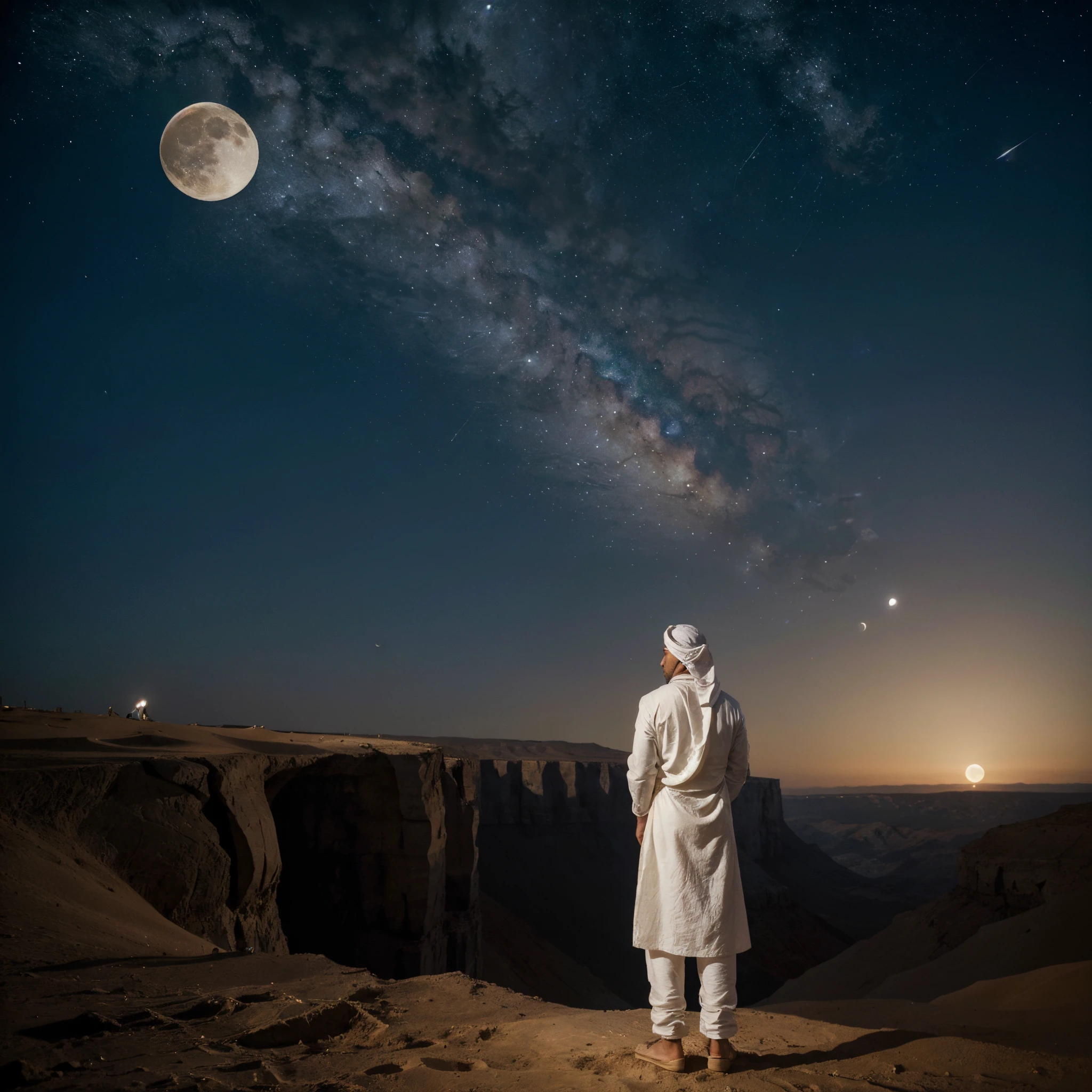 The photo of a man from behind. He is holding a white flag in his right hand. The environment is dark. He is looking directly at the moon.The moon is surrounded by stars. He is standing at edge of a cliff. he is wearing white arab clothes and a turban. The moon amd the stars are glowing brightly. The location is a desert