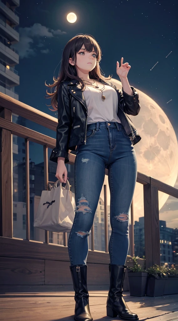 1 A downer woman with a sad expression(grasp the pendant),leather jackets,jeans,Short boots,Looking up at the moon,standing on the balcony,Midnight,4K,High quality,Ultra Detail,super precision,masutepiece,