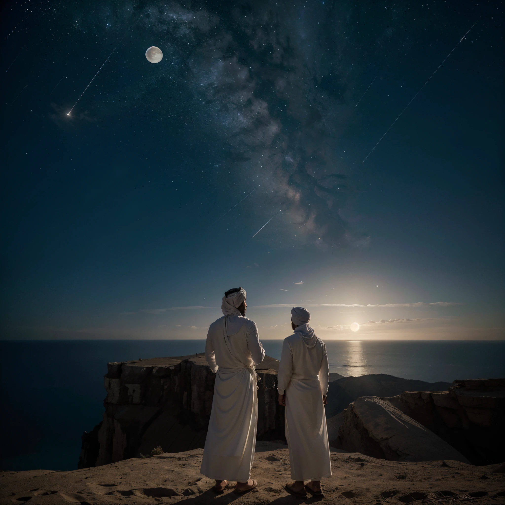 The photo of a man from behind. He is holding a white flag in his right hand. The environment is dark. He is looking directly at the moon.The moon is surrounded by stars. He is standing at edge of a cliff. he is wearing white arab clothes and a turban. The moon amd the stars are glowing brightly. The location is a desert