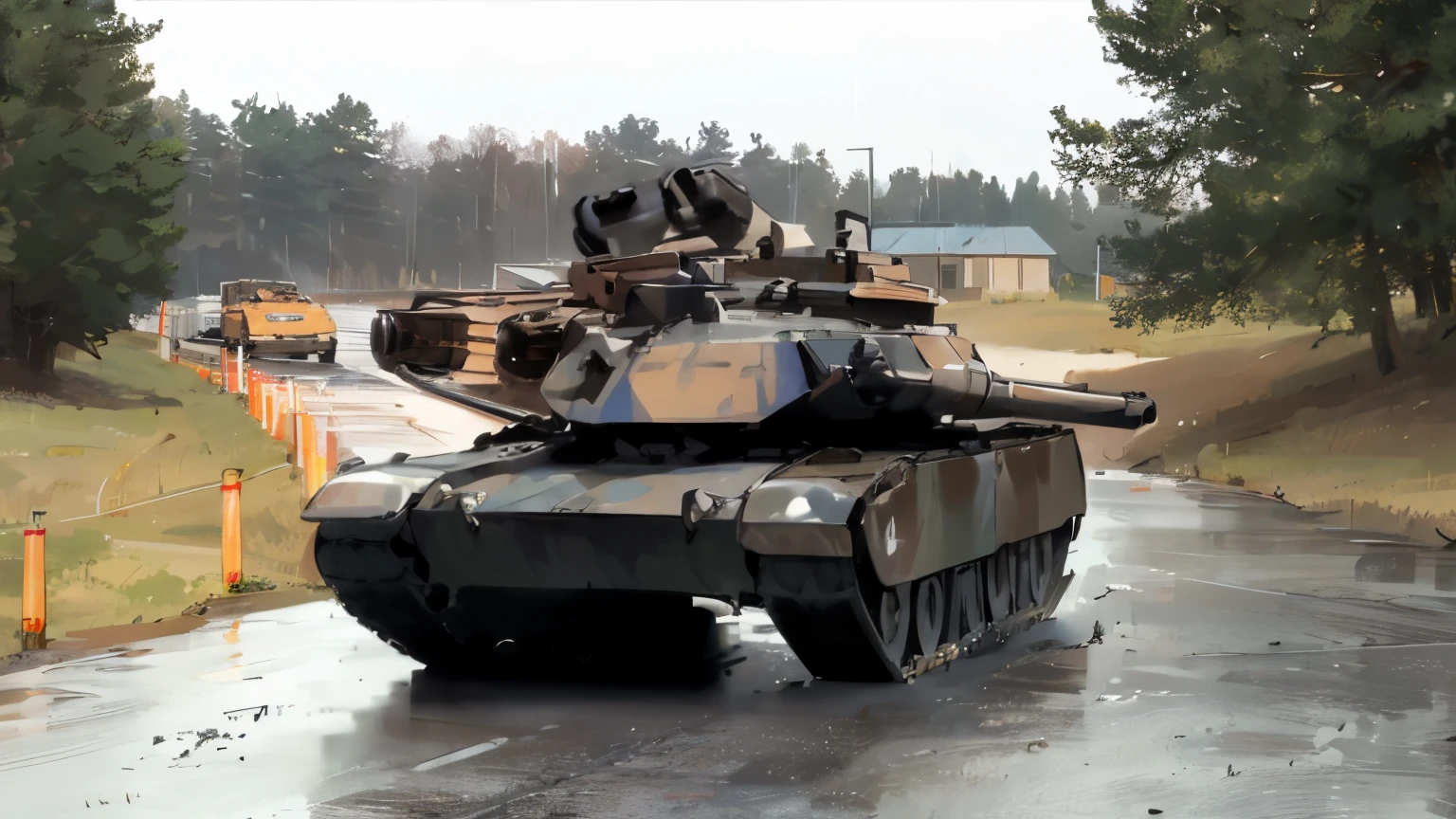 There  a tank driving on the road in the rain, m 1 abrams tank, massive tank, tanks, Level tank, tanks, futuristic battle tank, water tank level, Future tank on fire, Very energetic, Lavis flows through the earth, tank with legs, The tank has a large solid gun, Team USA, armored car, army,