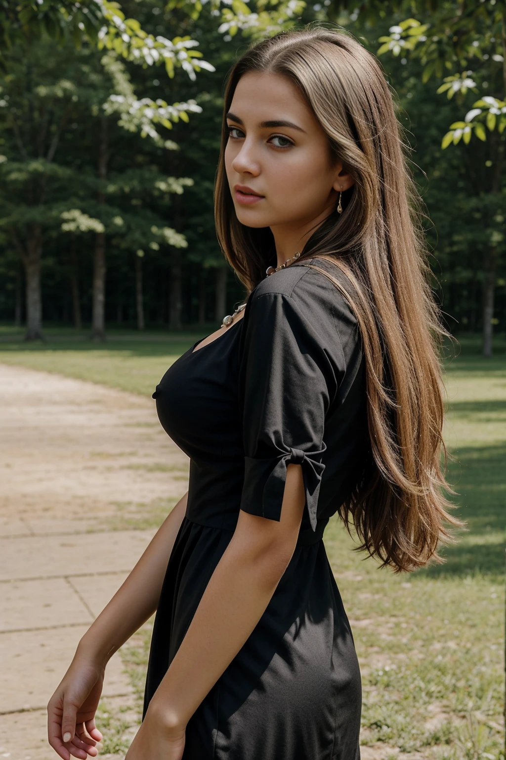 1girl 16 year old, solo, long hair, big breasts, back is facing viewer, she is looking away from view, blonde hair, jewelry, full body, necklace, lips, realistic, nose, flirting with camera, sexy, realistic, high detail, 4k photo, high detail,, sexy perfect anatomy, perfect symmetry, soft lights, walking in a park, high details, photo quality, super real, black dress, summer dress,