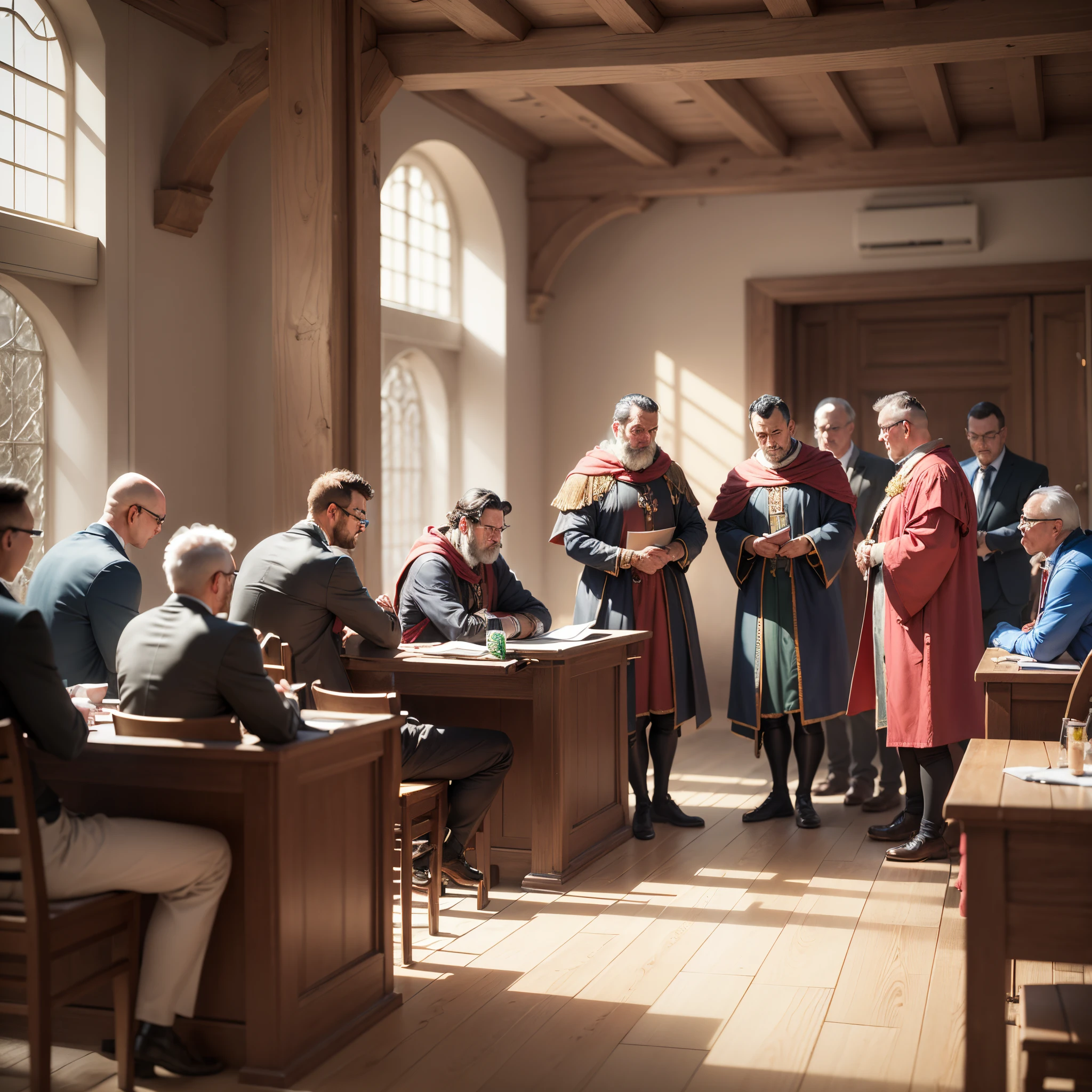 A group of men dressed in medieval garments are gathered around a pig, which  tied to a wooden pole. The pig looks frightened and confused as the judge reads out the verdict. The court officials are taking notes, and the crowd looks on with interest. --auto --s2
