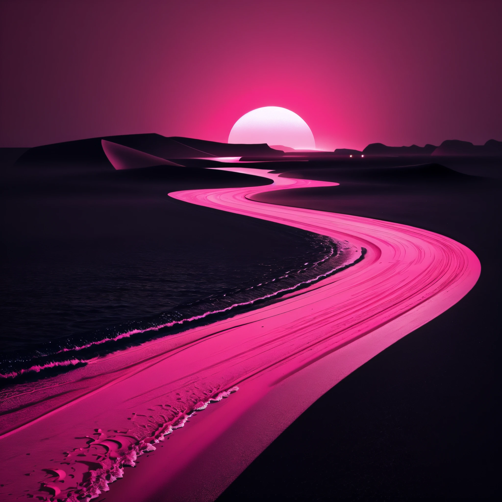 a pink line，shaped like a sunset，Drag across the beach, Vibrant pop surreal style, deep black and pink, ·Hadi Ghazal, realistic color scheme, splash of color, monochromatic color scheme, Glow shadows