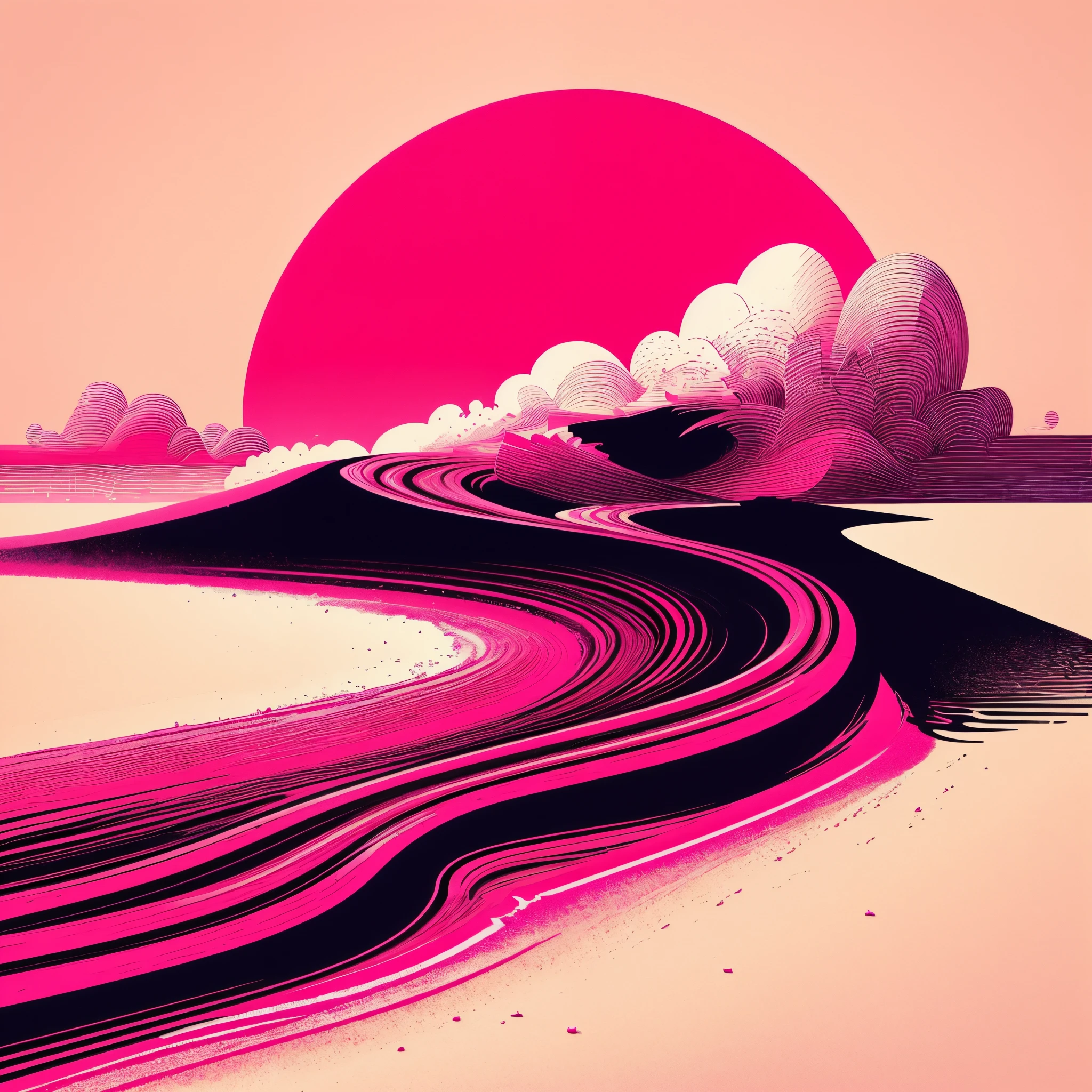 a pink line，shaped like a sunset，Drag across the beach, Vibrant pop surreal style, deep black and pink, ·Hadi Ghazal, realistic color scheme, splash of color, monochromatic color scheme, Glow shadows