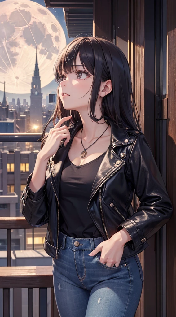 1 A downer woman with a sad expression(grab the pendant),leather jackets,jeans,Short boots,Looking up at the moon,Standing on Balcony,Midnight,4K,High quality,Ultra Detail,super precision,masutepiece,Focus on the upper body。