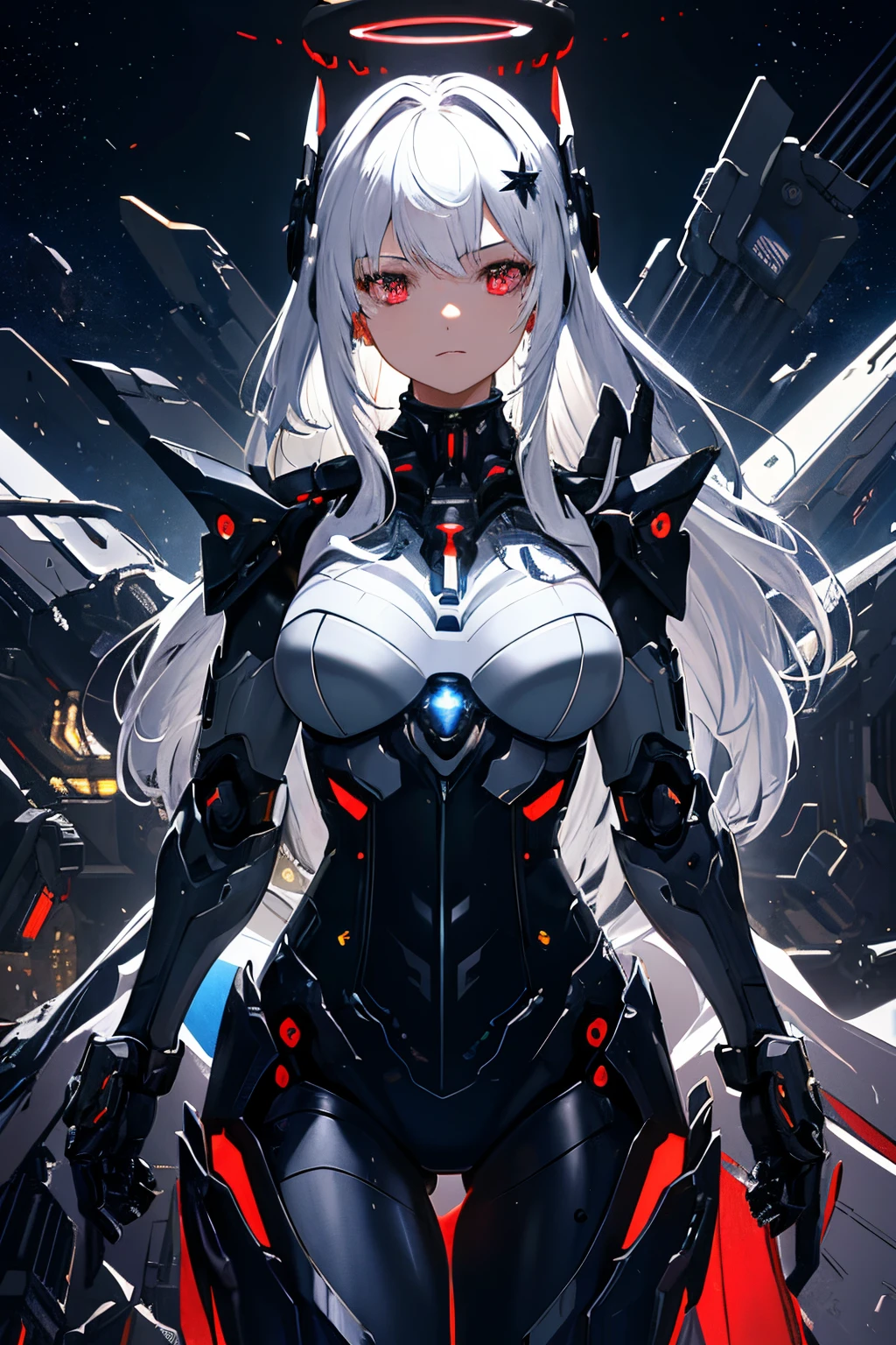 masterpiece,best quality,ultra-detailed,very detailed illustrations,extremely detailed,intricate details,highres,super complex details,extremely detailed 8k cg wallpaper,cowboy shot, caustics,reflection,ray tracing,demontheme,nebula,dark aura,cyber effect, (1girl:1.4),solo,alone,mecha musume,mechanical parts, robot joints,single mechanical arm, headgear, mechanical halo,star halo,intricate mechanical bodysuit, mecha corset, kimono, full armor, very long hair,white hair, hair between eyes, multicolored hair, colored inner hair, red eyes,glowing eye,eye trail, random expressions,random action, ancient japanese architecture,pond, starry sky,skyline,