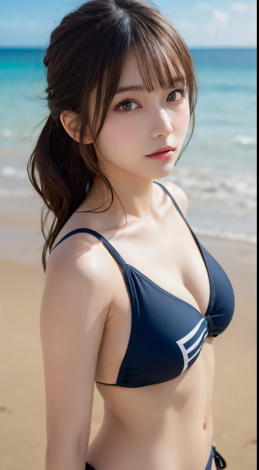 masutepiece, Best Quality, Illustration, Ultra-detailed, finely detail, hight resolution, 8K Wallpaper, Perfect dynamic composition, Beautiful detailed eyes, Swimsuit, Random and cute hairstyles, Super big breasts, Natural Color Lip,Beach, Random and cute poses,