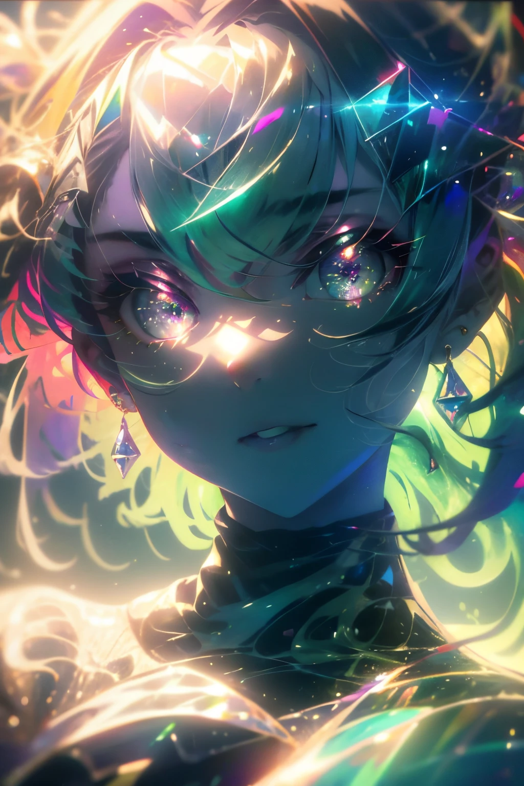 ((masterpiece,hight resolution,8K picture quality,top-quality)),1girl in,((extra detailed face)),femele,Delicate eyes,((Purple eyes)),((hairstyle on:buzzcut,A dark-haired,Hair that glows green when exposed to light)),lensflare,Dramatic makeup,smiling elegantly,Natural complexion,large full breasts,Diffuse reflection of light((colourfull:1.5)),