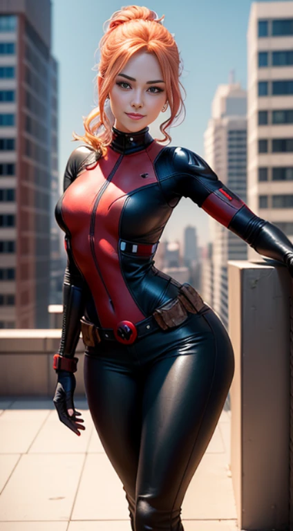 shot below eye level, handsome girl, Deadpool: 1.2, Unusual posture, Slender thin legs, (tight pants: 1.2), Elegant boots, I&#39;m standing on the roof of a high-rise building, endearing smile, hair in the form of two ponytails, The perfect female face, A detailed eye, long eyelashes