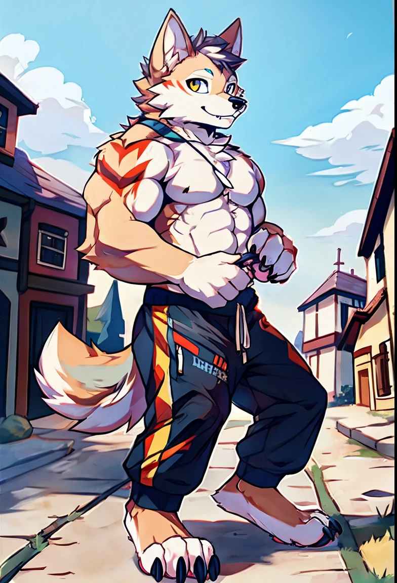 Human-wolf,musculouull Body Furry,paws with claws,pass upright,The upper body naked,Short sweatpants,towns