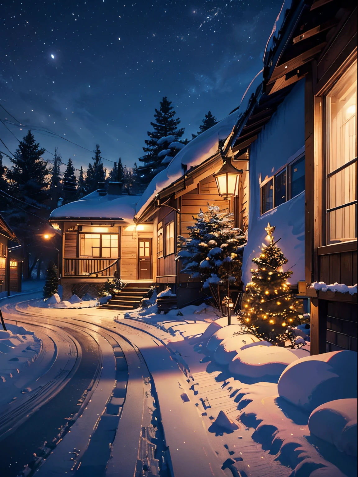 (Christmas1.2), (country roads at night:1.3), (snowy nights1.3), (couples:1.2), (warm light1.4), (Lots of snow on the road:1.2), RAW photo, photorealistic:1.6, Quality:1.5, 8k, Masterpiece:1.3, ultra highres:1.0, Crisp Focus:1.2, beautiful studio soft light, rim light, vibrant details, hyper realistic, octane render, ultra beautiful night, ultra beautiful view