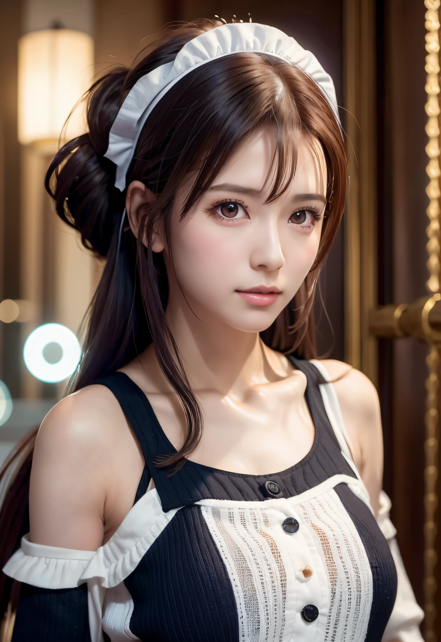 8K, of the highest quality, masutepiece:1.2), (Realistic, Photorealsitic:1.37), of the highest quality, masutepiece, Beautiful young woman, Pensive expression,、A charming、and an inviting look, Cute Maid Clothes, Hair tied back, Cinematic background, Light skin tone