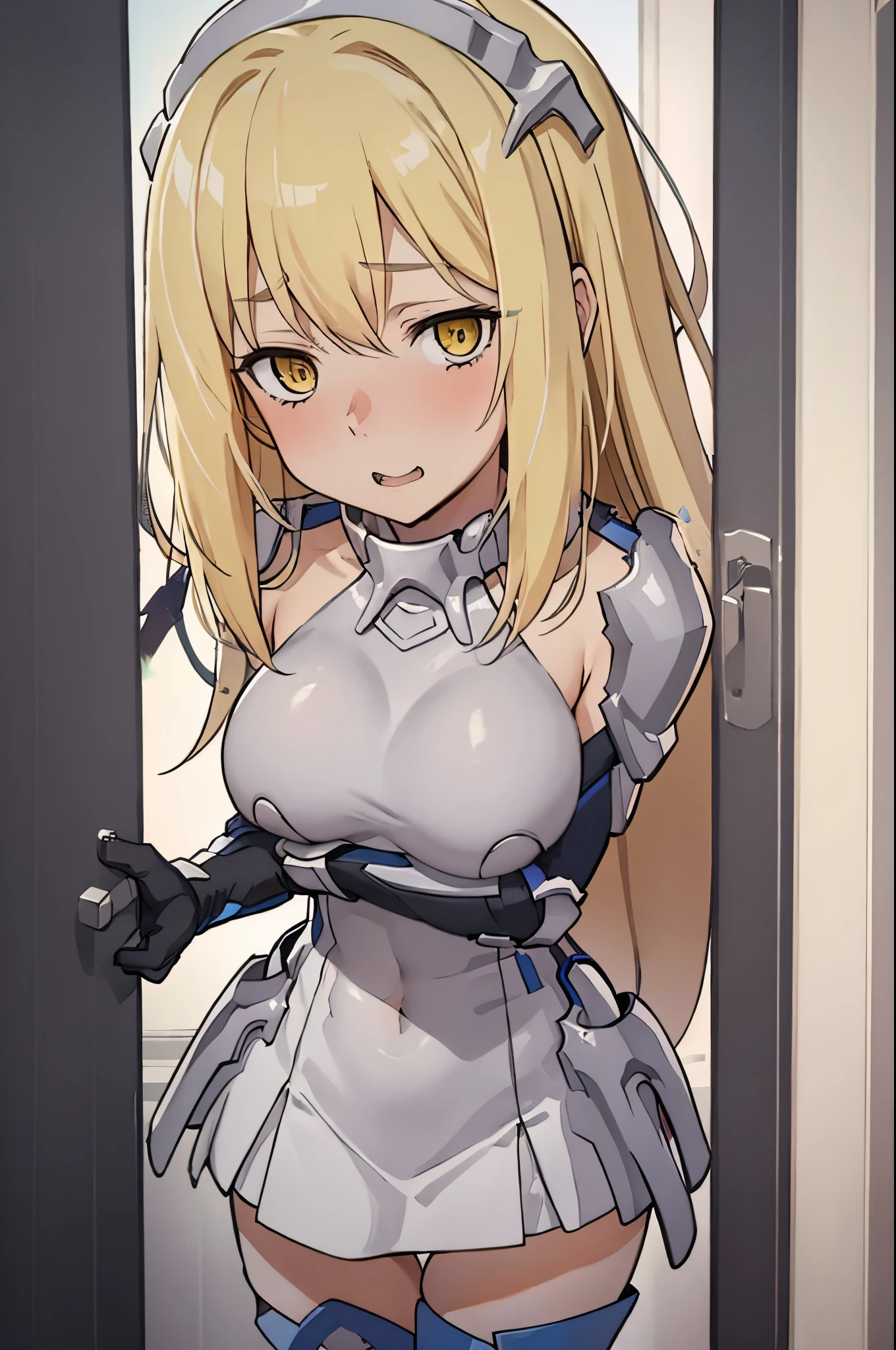 yellow eyes,blonde hair,(blush,pleasure,delight,orgasm,cleanched teeth,,embarrased,rolling eyes)((open door doorway)),full body, 1girl, solo, blonde hair, armor, long hair, straight hair, thighhighs, boots, dress, yellow eyes, thigh boots, blue long boots, blue footwear, covered navel, breastplate, shoulder armor, gloves, white dress