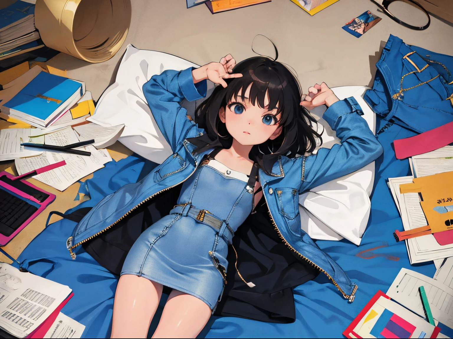 (),(masterpiece,Highest Quality),(denim zip up dress:1.4),pencil skirts,shortsleeves,A dark-haired