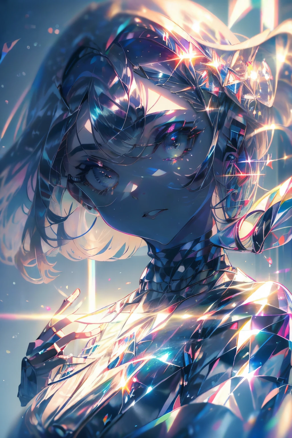 ((masterpiece,hight resolution,8K picture quality,top-quality)),1girl in,((extra detailed face)),femele,Delicate eyes,((Purple eyes)),((hairstyle on:buzzcut,A dark-haired,Hair that shines when it catches the light)),lensflare,Dramatic makeup,smiling elegantly,Natural complexion,large full breasts,Diffuse reflection of light((colourfull:1.5)),