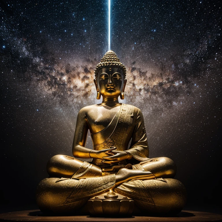 The Large Crystal Clear Buddha statue in Galaxy, Aura, lights, glitter, Ultra realistic photography.