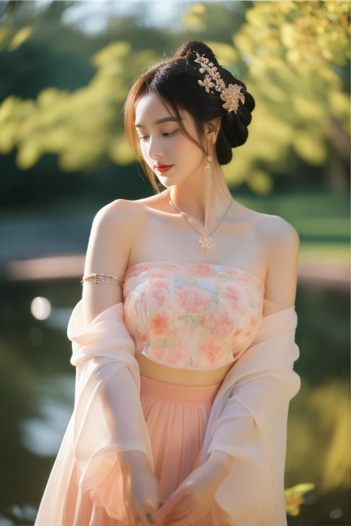 Ultra-detailed,Highly detailed,Best Quality,masutepiece,Illustration,Realistic, dudou,chinese underwear, 1girl in, Solo, Long hair, half updo, 鎖骨, Midriff, Hanfu, Shirt, See-through, chinese clothes, Skirt, Long sleeves,Wide sleeves, Dress,Camisole, Jewelry,Hair Ornament, off shoulders, Bare shoulders, Arm up, Standing, Looking at Viewer, flower, lantern,Indoors, Holding, Blurry background, Photo background,