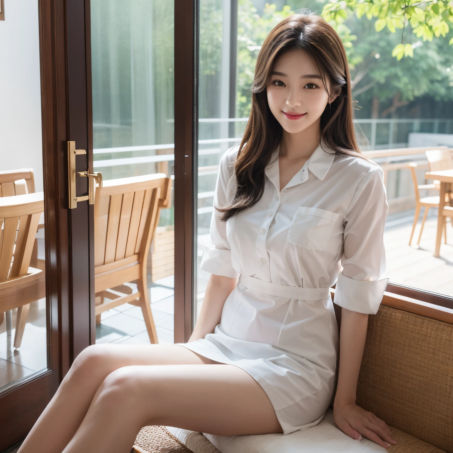 8K UHD, digital DSLR camera, film grains, XT3,(best qualtiy:1.3), (nmasterpiece:1.1), hight resolution, Cinematic Light, Realistic reproduction of intricate details), takeout, Beautiful outside, bright and sunny,
a Korean girl,(in a cafe:1.5) , Dimples, length hair, looking at the spectator, Detailed nurse clothing,sitted,inside in room,white panty hose,(With the smiling Aisle Body Bian:1.6),slender,