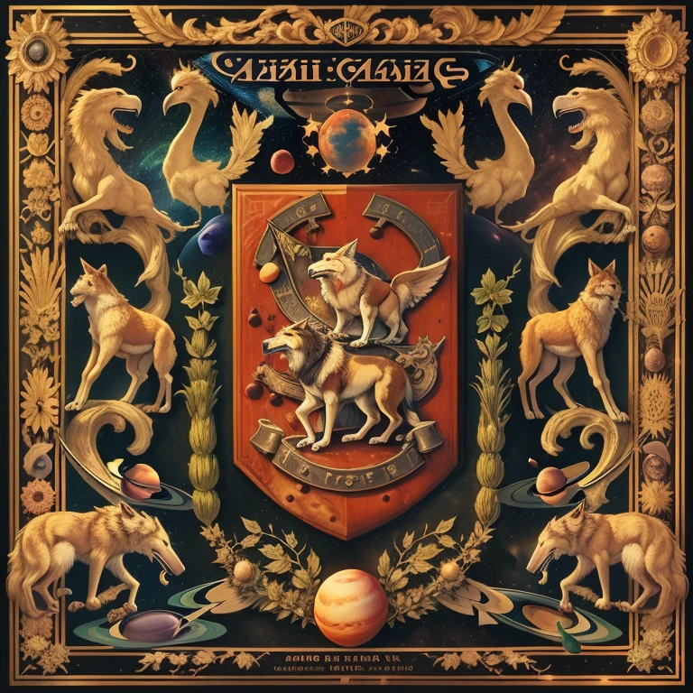 Coat of arms of the Beighton Empire, heraldry, Futuristic depiction of the coat of arms of the Beithonia Empires, Sleek black shield, a gold ribbon at the bottom is sewn with the inscription “"Solum officia habui, populus iura mihi dedit."» (decorated with golden double-headed wolves, two sea eagles in the cut (surrounded by three planets, land, Mars, venusbody :1.4)
