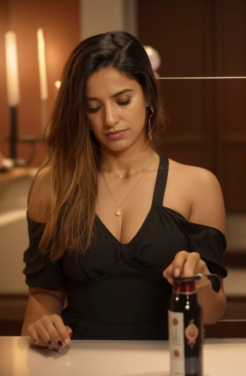 uma mulher sentada a uma mesa com uma garrafa de vinho, fernanda suarez, Directed by: Nandor Soldier, Malika Favre, Directed by: Olivia Peguero, by Amelia Peláez, Alanis Guillen, Caroline Gariba, andrea rocha, julia fuentes, Marischa Becker, Lorena Avarez, Parece Fabiula Nascimento