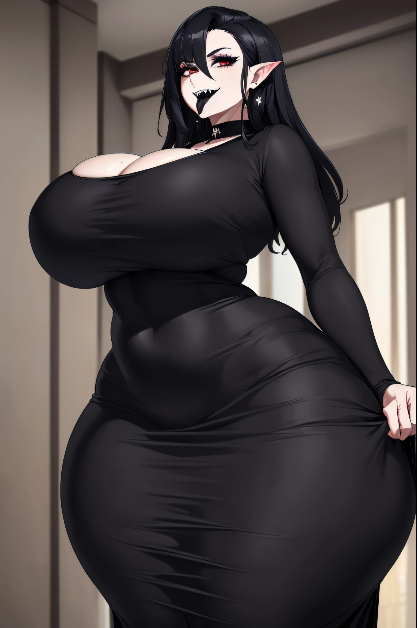 (Masterpiece, Best Quality, High Quality:1.4), (professional artwork, extremely detailed girl:1.0), 8k, detailed eyes, perfect face, 2girl, (voluptuous, mature female, large lips:1.2), wide hips, thick thighs, heavy makeup, bottom heavy:1.4), (skindentation, long eyelashes, dark eyeshadow, looking at viewer, red eyes, close up, huge ass, massive thighs, huge hips, sweat, sweaty, sagging breasts, cruel smile, sadistic smile, bully, showing breasts, pulling top down, exposing breasts, goth, goth girl, pale skin, block eyeshadow, black lipstick, mean looking, sharp teeth, long black tongue, tongue out of mouth, monster girl, black clothes, ball gown, massive dress, tight dress, long dress