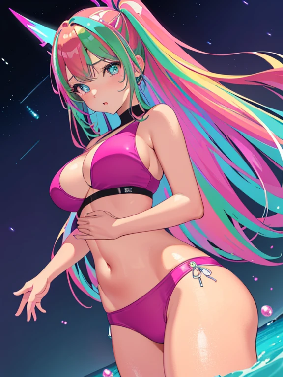 ((​masterpiece、top-quality:1.5、a high chroma:1.5、ultra-detailliert、high-resolution illustrations:1.5、Ultra-high-definition CG、8k size wallpaper、offcial art))、(1girl,),(erotic cute face:1.5,cute eyes:1.5)、(clear face:1.3)、(sexy body),(),(erotic pink pilot suit ),(fluorescence multicolored hair:1.5), (large breasts:1.3)、(Plump)、
,(Glossy costumes),()、(cowboy shot:1.5)、rainbow-colored hair、(outer space)