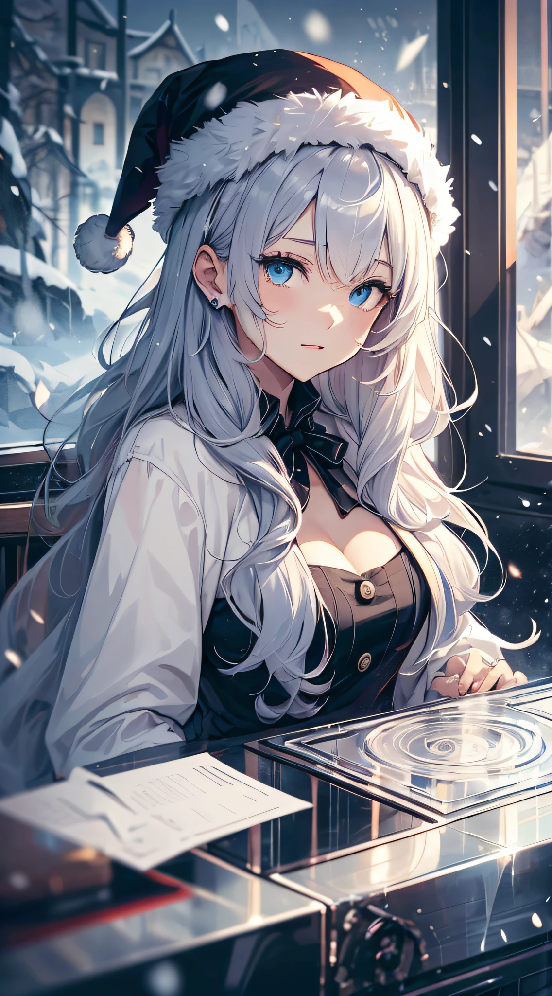 top-quality、Top image quality、​masterpiece、s girl((white longcoat、Black pants、black overshirt、Santa's Hat、18year old、 Ager、Best Bust、big bast,Beautiful wide open light blue eyerest, Long silver hair、A slender,Large valleys、dye one's cheeks red、White breath、Reflecting the whole body、jamping、reaching out her hands、dye one's cheeks red、A slight smil、sit a chair、Project horizontally)),hiquality、Beautiful Art、Background with(( Calm cafe at night、Counter seats、Hot coffee、snowflakes falling、Heavy snow falls、snowman、 A world where snow piles up)))、masutepiece、depth of fields,