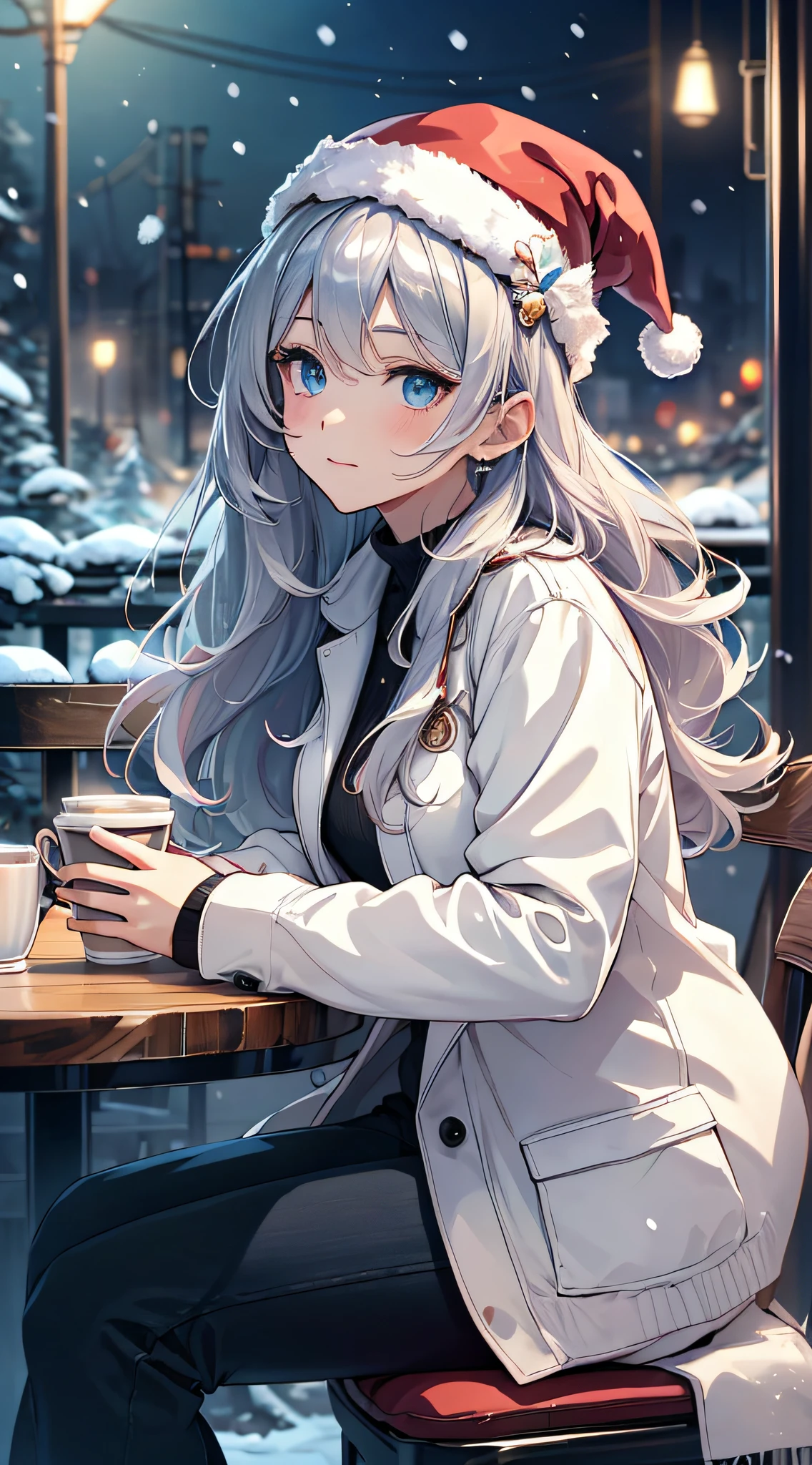 top-quality、Top image quality、​masterpiece、teens girl((white longcoat、Black pants、black overshirt、Santa's Hat、18year old、 Ager、Best Bust、big bast,Beautiful wide open light blue eyerest, Long silver hair、A slender,Large valleys、dye one's cheeks red、White breath、Reflecting the whole body、jamping、reaching out her hands、dye one's cheeks red、A slight smil、sit a chair、Project horizontally)),hiquality、Beautiful Art、Background with(( Calm cafe at night、Counter seats、Hot coffee、snowflakes falling、Heavy snow falls、snowman、 A world where snow piles up)))、masutepiece、depth of fields,