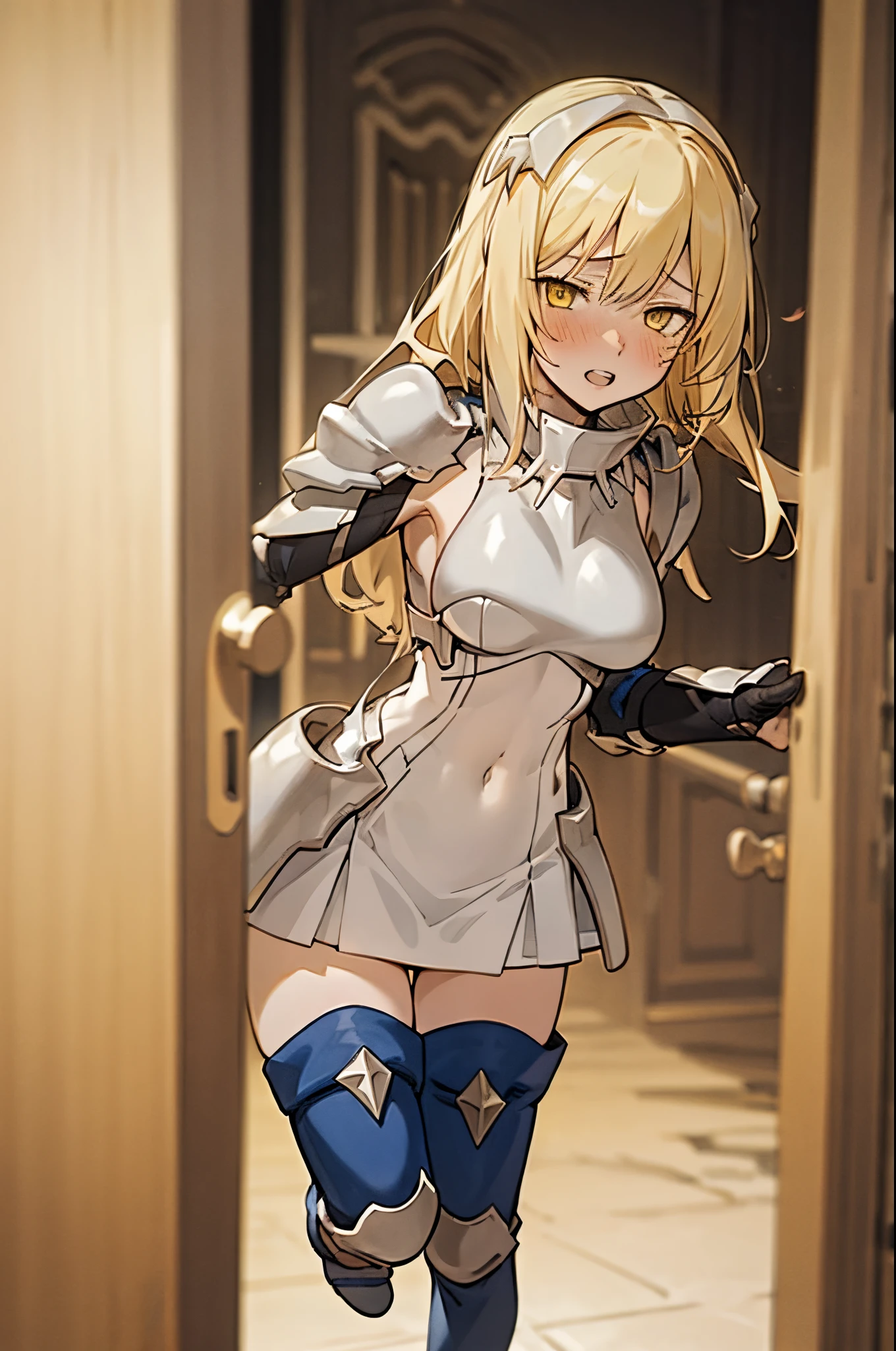 yellow eyes,blonde hair,(blush,pleasure,delight,orgasm,cleanched teeth,,embarrased,rolling eyes)((open door doorway)),full body, 1girl, solo, blonde hair, armor, long hair, straight hair, thighhighs, boots, dress, yellow eyes, thigh boots, blue long boots, blue footwear, covered navel, breastplate, shoulder armor, gloves, white dress