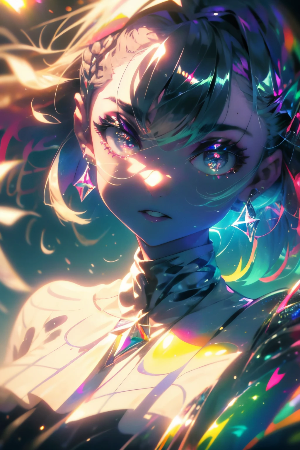 ((masterpiece,hight resolution,8K picture quality,top-quality)),1girl in,((extra detailed face)),femele,Delicate eyes,((Purple eyes)),((hairstyle on:buzzcut,A dark-haired,Hair that shines when it catches the light)),lensflare,Dramatic makeup,smiling elegantly,Natural complexion,large full breasts,Diffuse reflection of light((colourfull:1.5)),