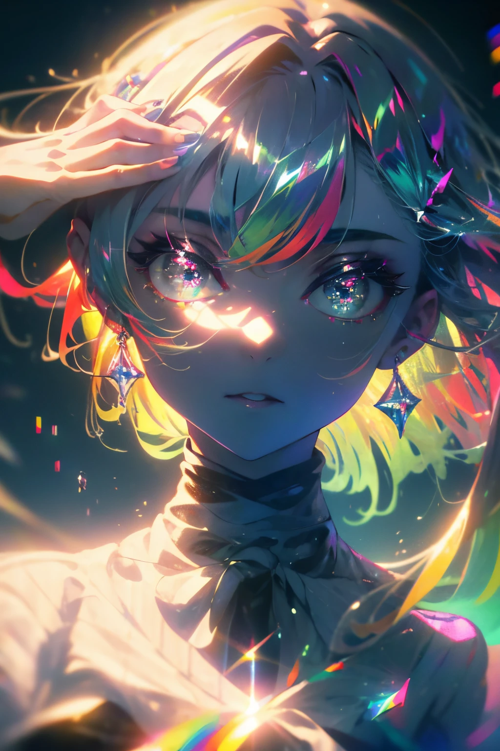 ((​masterpiece,hight resolution,8K picture quality,top-quality)),1girl in,((extra detailed face)),femele,Delicate eyes,((Purple eyes)),((hairstyle on:buzzcut,A dark-haired,Hair that shines when it catches the light)),lensflare,Dramatic makeup,smiling elegantly,Natural complexion,large full breasts,Diffuse reflection of light((colourfull:1.5)),