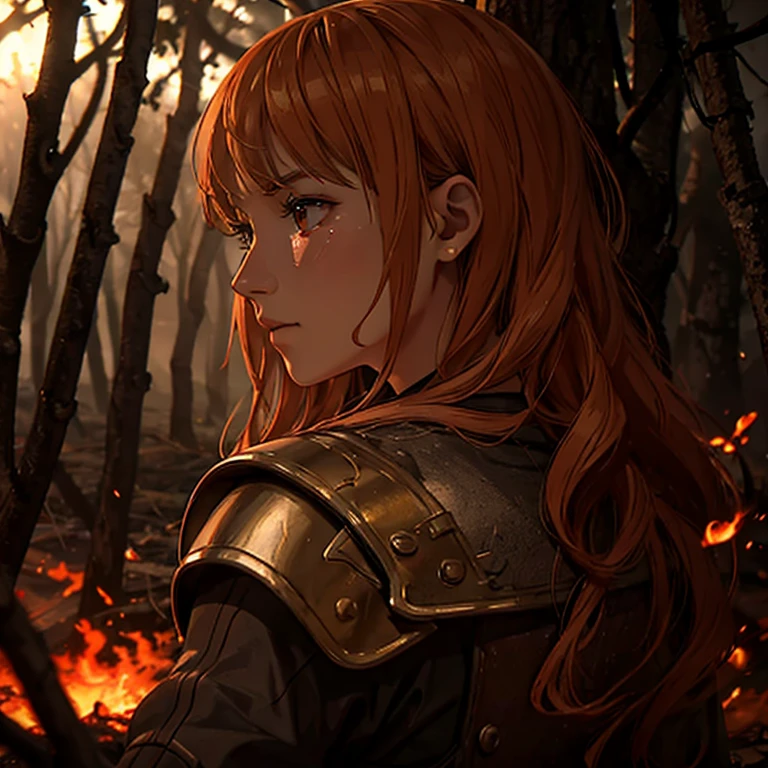 Girl in armor with blond hair, tears are flowing down her face, she has blood on her hands. She's standing with her face, from behind there is a burning forest in the background and an enemy army engulfed in fire in the forest, higly detailed, tension, Cinematic shot