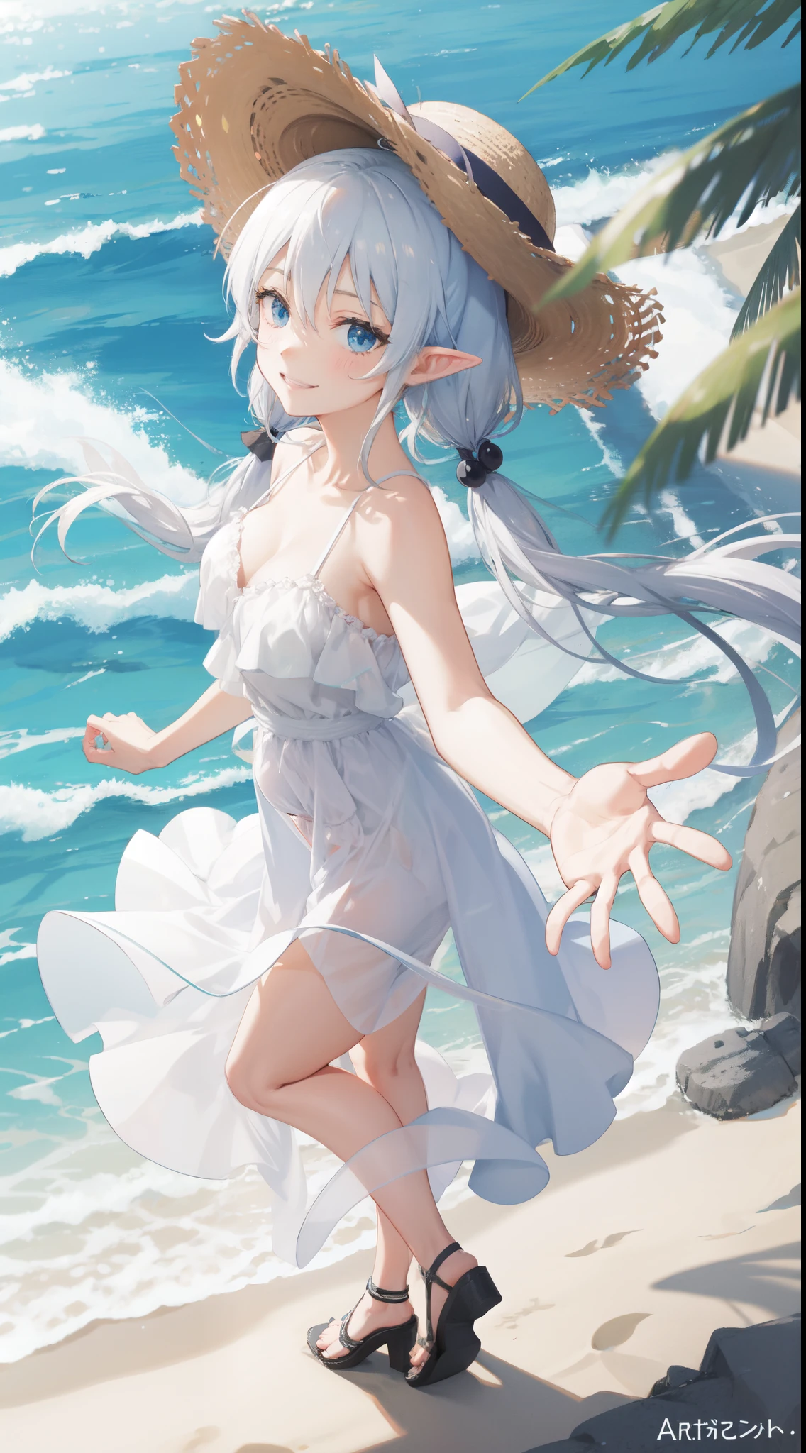 best quality, masterpiece, , ,short, big breasts, white hair,low twintails, blue eyes, yukine chris as elf, thin twintails,, beach, sea, white dress, white skirt, white one-piece, straw hat,  (((shy))), (happy), leaning forward, summer, from above, reaching out, smiling, art style by Artgerm, by Kawacy, By Yusuke Murata