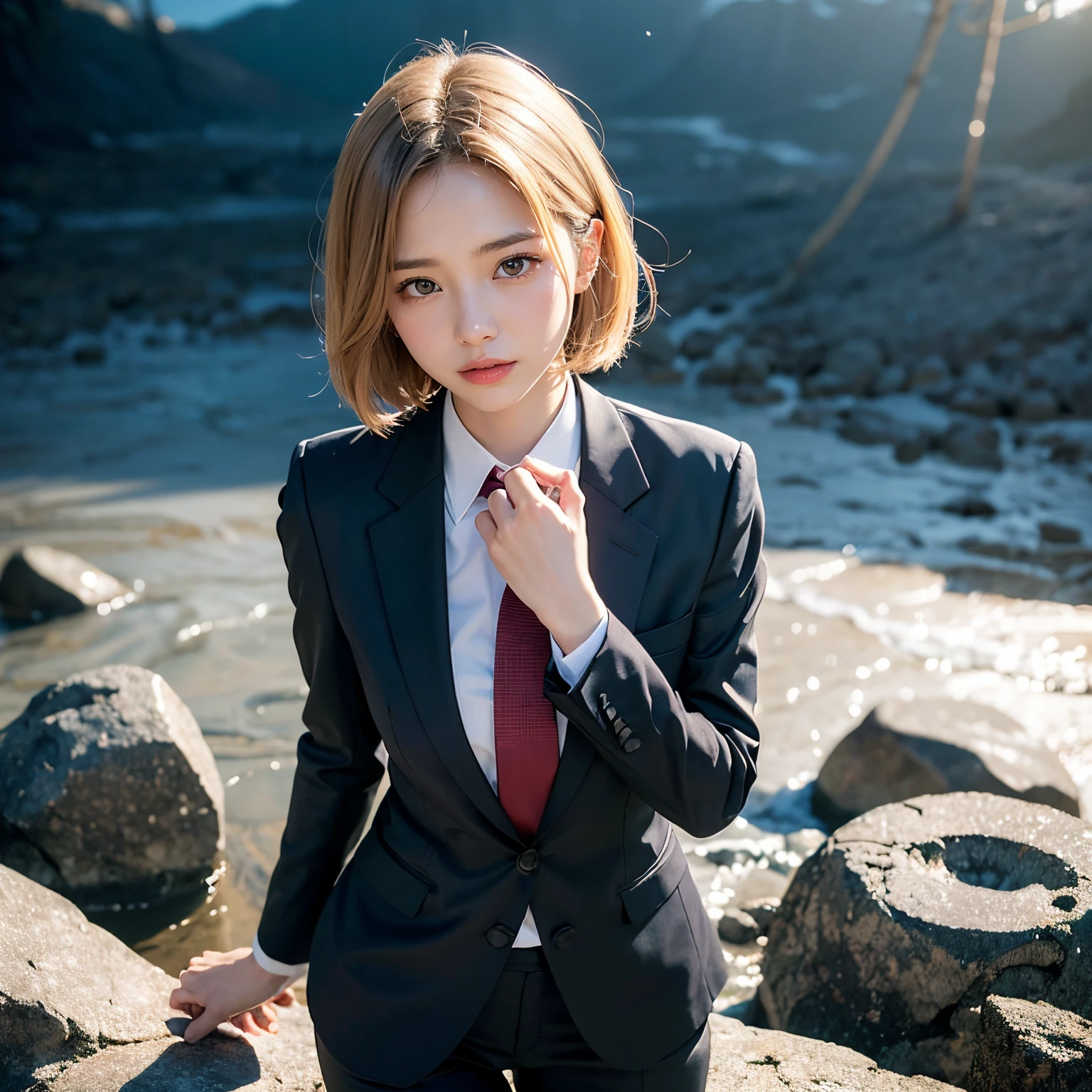 (masutepiece, Best Quality:1.2), 8K, Official art, Wearing a suit、Photo of Five Fingerl's body, full body Esbian、lightning from the cane、Suit Beauty、Big Dipper in the background、star explosion、Beautiful barefoot woman with dark hair, hold a flame in your right hand、i#39;I'm holding a snowstorm in my left hand、Bright lava light rises above the broken Earth from beneath the asteroid belt(Jagged rock rocks and fragments shot into the air:1.3) (Storm of windy dust debris:1.1) Volume fogmist by trace Z、It can allow bright light from below to pass through、 (masterpiece) (top-quality) (detaileds) (8K) (电影灯光) (foco nítido) (Convoluted)A dark-haired、14years、small tits、A delightful、A smile、unbelievable Ridiculous, (a beauty girl, Pretty Face, arching back down, Gold hair ornament on hair、Wearing a cute suit、close up, Wearing a suit, Short sleeve, gardenia, violaceaess, spaces , Looking at Viewer, Film grain, chromatic abberation, Sharp Focus, face lights, Dynamic lighting, Cinematic lighting, Eyes and faces with detailed, Bokeh background, (Tie with Emma written on it、1 copy:1.2)