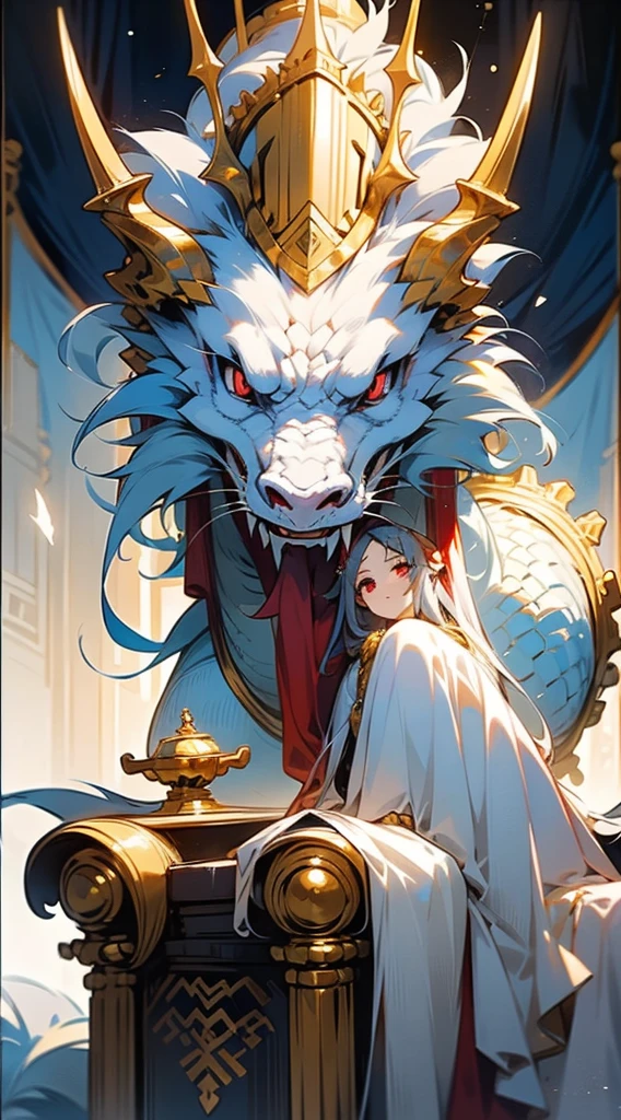 A girl with blue long hair,red gold eyes,white long dress with gold jewellery, seeting in a throne,with a sord in her hand,dragon behind the throne,