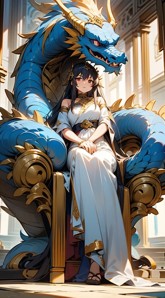 A girl with blue long hair,red gold eyes,white long dress with gold jewellery, seeting in a throne,with a sord in her hand,dragon behind the throne,