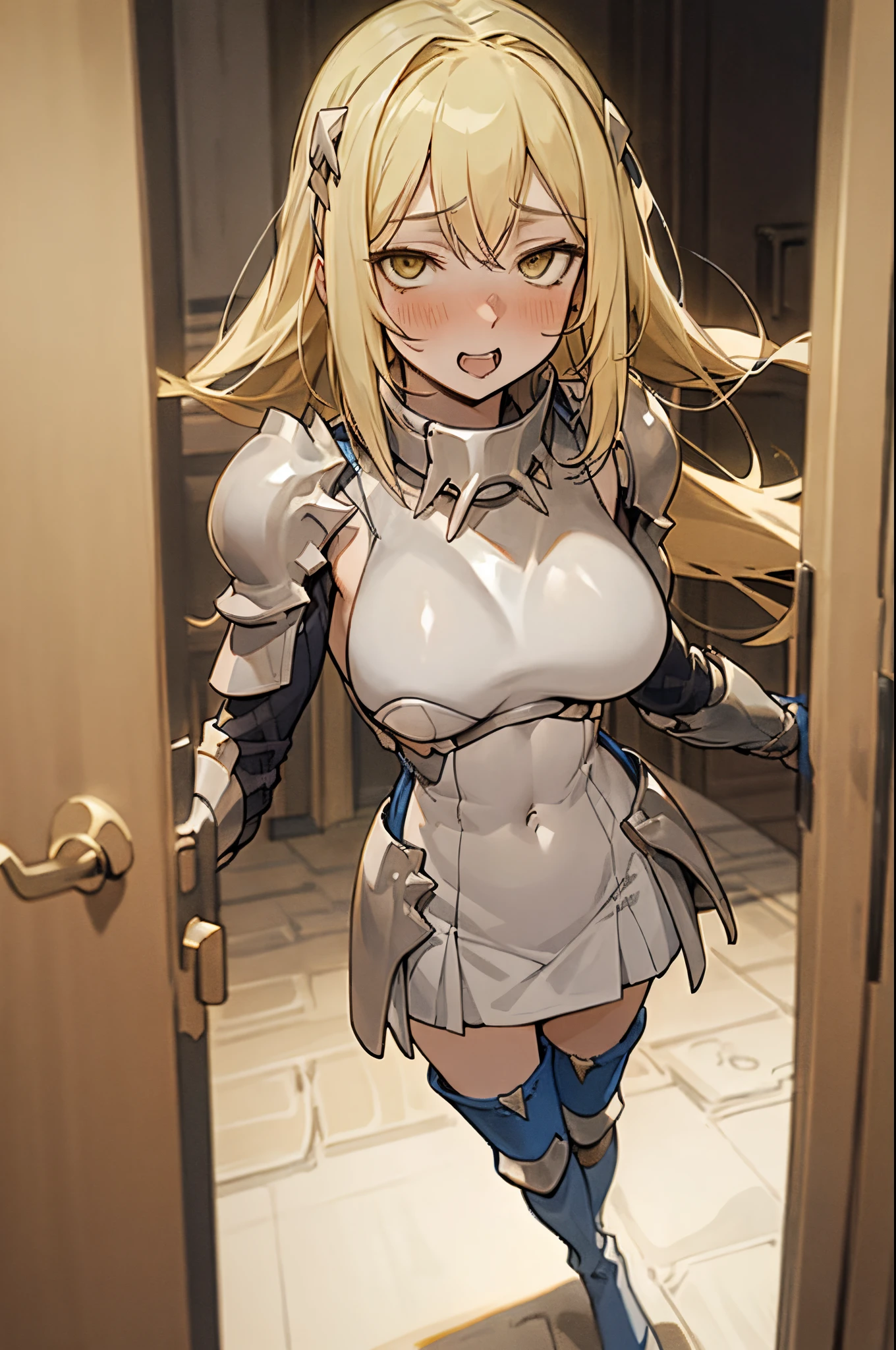 yellow eyes,blonde hair,(blush,pleasure,delight,orgasm,cleanched teeth,,embarrased,rolling eyes)((open door doorway)),full body, 1girl, solo, blonde hair, armor, long hair, straight hair, thighhighs, boots, dress, yellow eyes, thigh boots, blue long boots, blue footwear, covered navel, breastplate, shoulder armor, gloves, white dress,ahg
rolling eyes
tongue