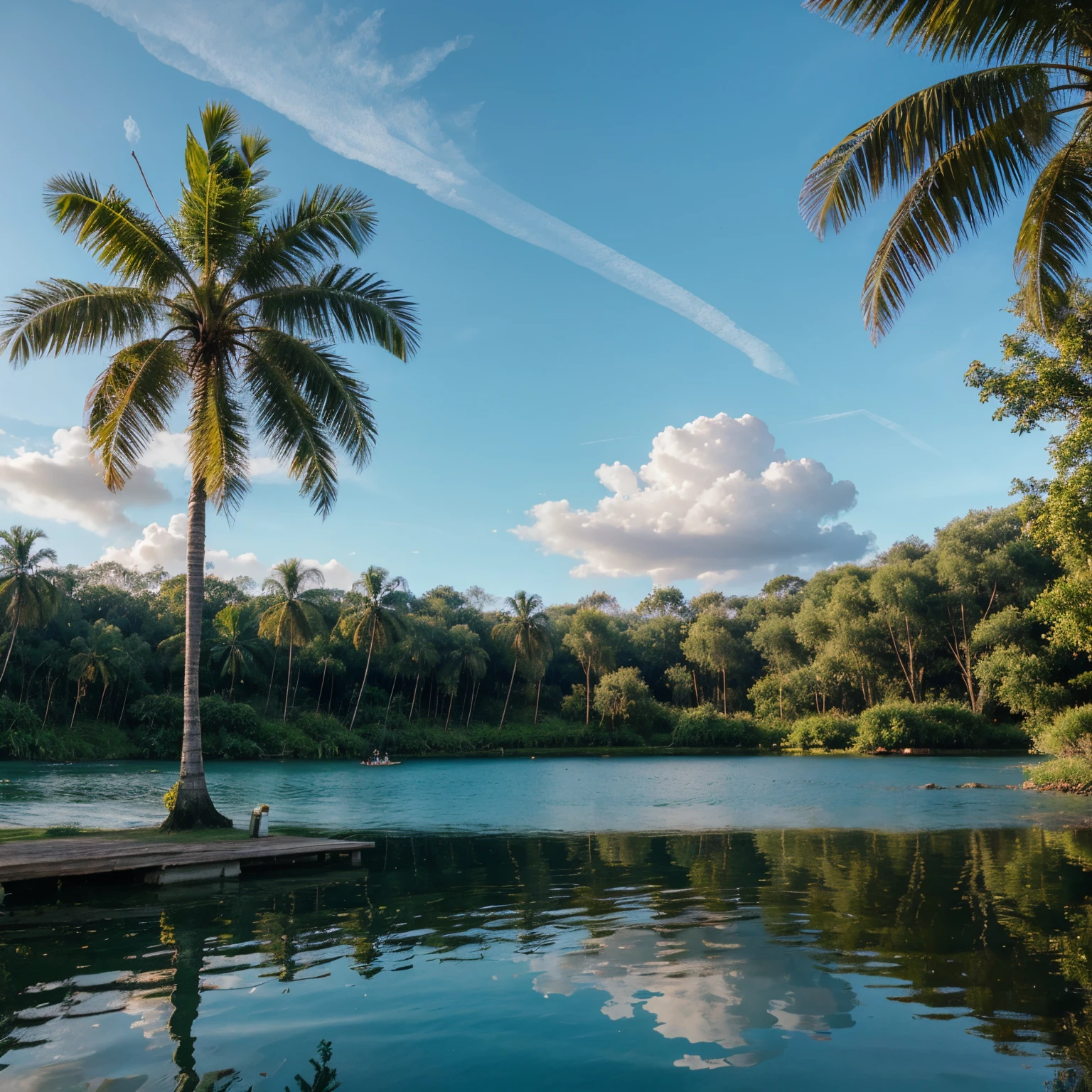 A beautiful morning at a lake, coconut trees leaning towards the lake , still waters, mornig sky reflected on the lake , colourful detailed image